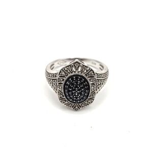 Sterling Silver Black Diamonds and Diamond Art Deco Style Oval Statement Ring